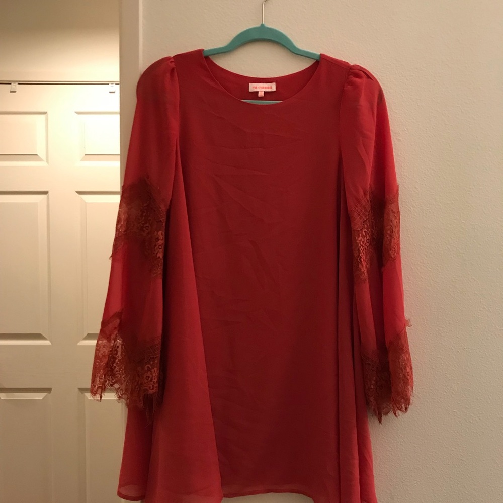 Lace bell sleeve burnt orange shift mini dress